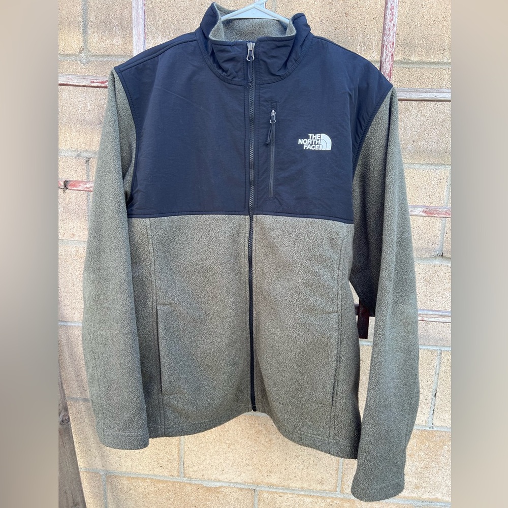 North Face Men Olive Green Black Fleece Mock Neck Full Zip Jacket Size L Denali